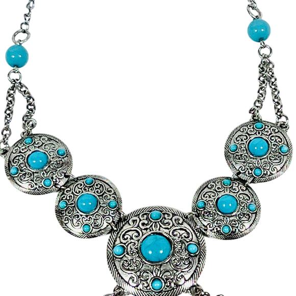 Vintage Boho Western Retro Turquoise Silver Necklace Gypsy Chunky 14" Fantasy - Picture 3 of 8